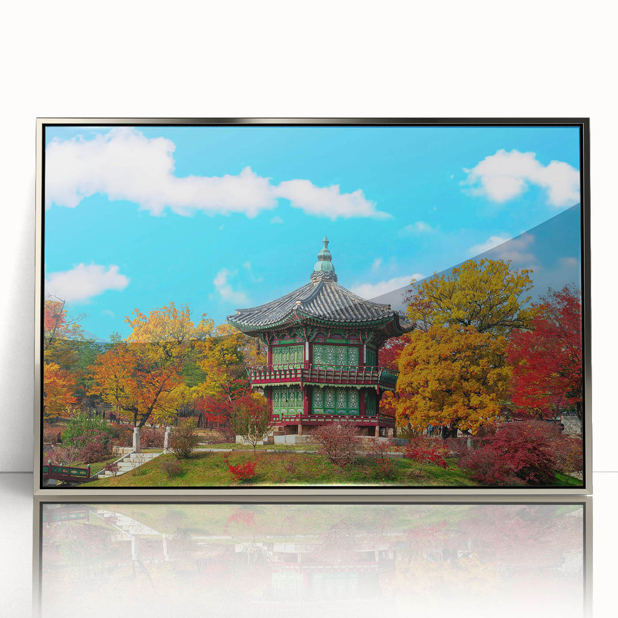 Mid-century modernist art of an Asian landscape in muted earth tones, framed acrylic, ideal for nursery wall decor.