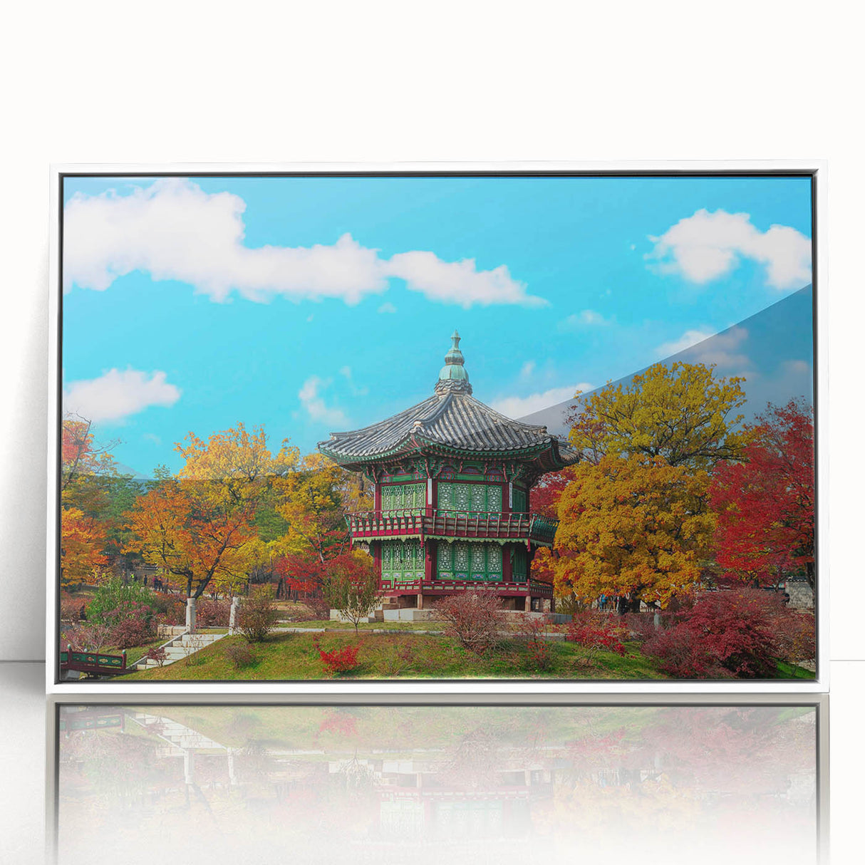 Acrylic print of a serene Korean landscape in pastel shades, framed in white, suitable for modern art wall decor.