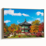 Framed canvas of a vintage-style Korean landscape painting in muted gold and black tones, ideal for bedroom wall decor.