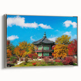 Framed canvas print of a vintage Korean landscape in colorful art style with dominant black elements.