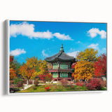 Vintage poster art of a scenic Korean landscape in vibrant colors on a framed canvas, ideal for living room decor.