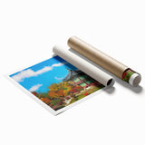 Extra large rolled print of a serene Korean landscape in muted greens and blues, ideal for classy bathroom wall art.