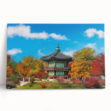 Black and white stretched canvas depicting a serene Korean landscape, ideal for kitchen wall art or bedroom decor.