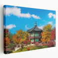 Large canvas print of a serene Korean landscape in soft green and blue tones, ideal for kitchen wall art.