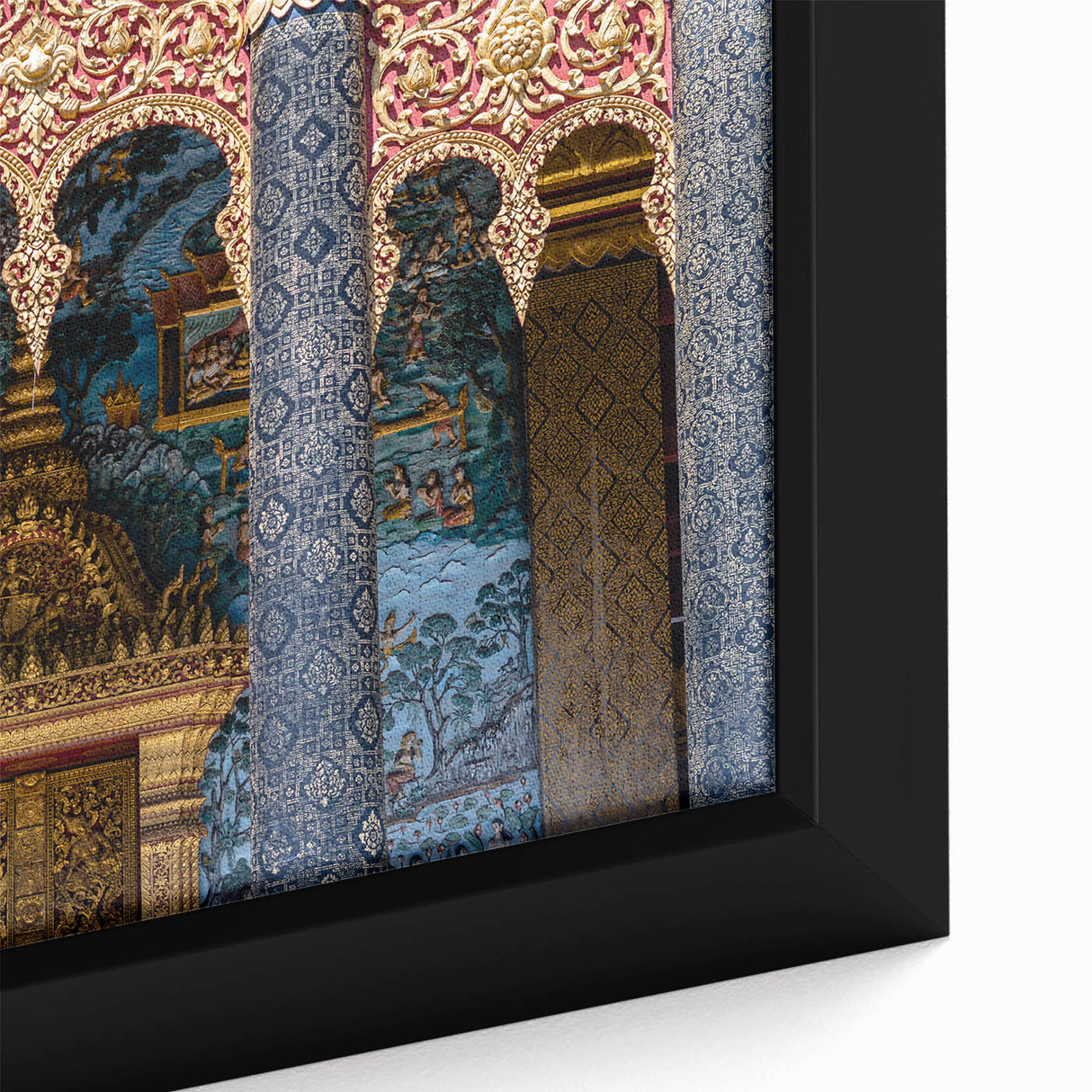 Extra large framed canvas of a textured, colorful Laotian landscape in predominantly black tones.