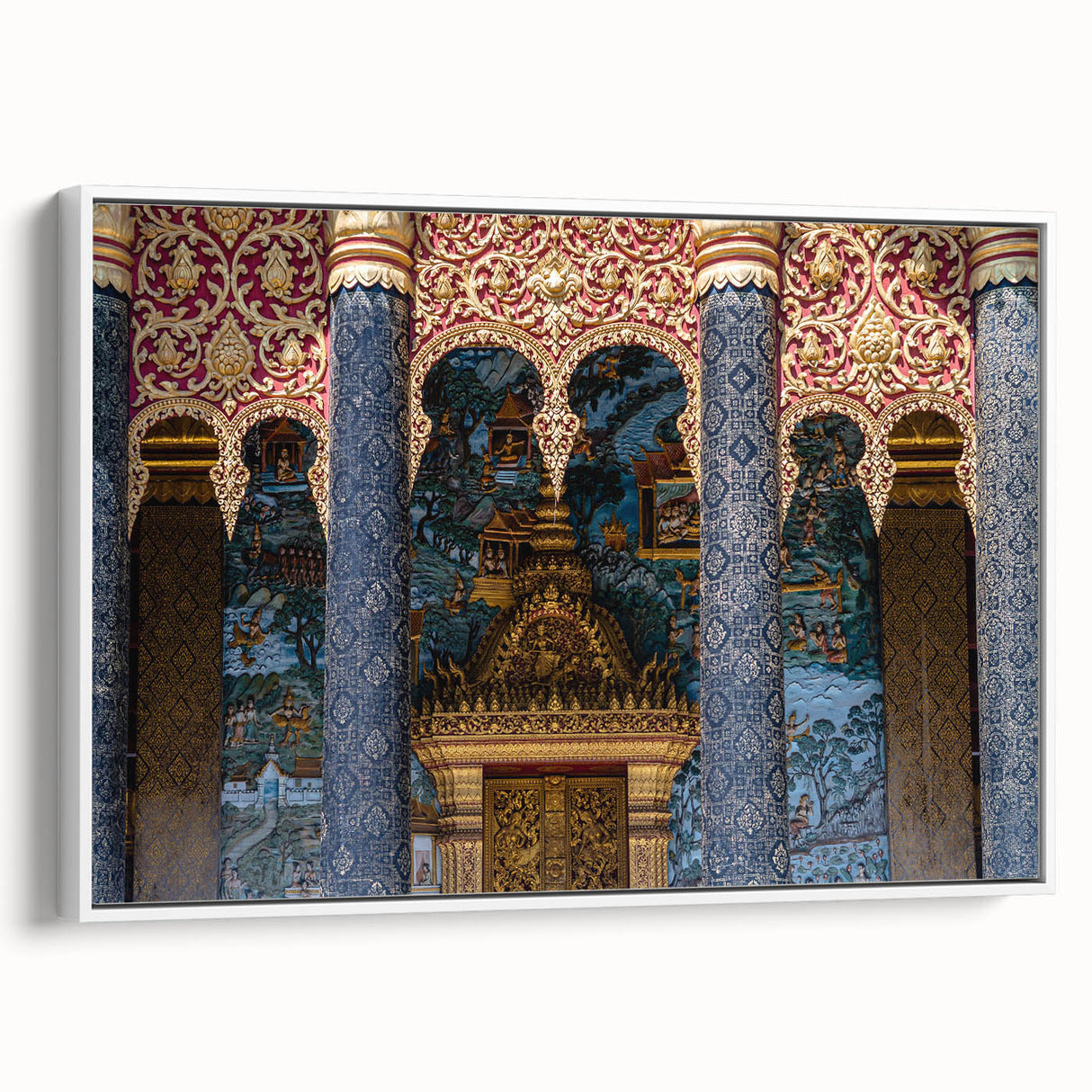 Vintage poster art of a Laos scenery on a framed canvas, featuring vibrant colors ideal for extra large living room wall art.