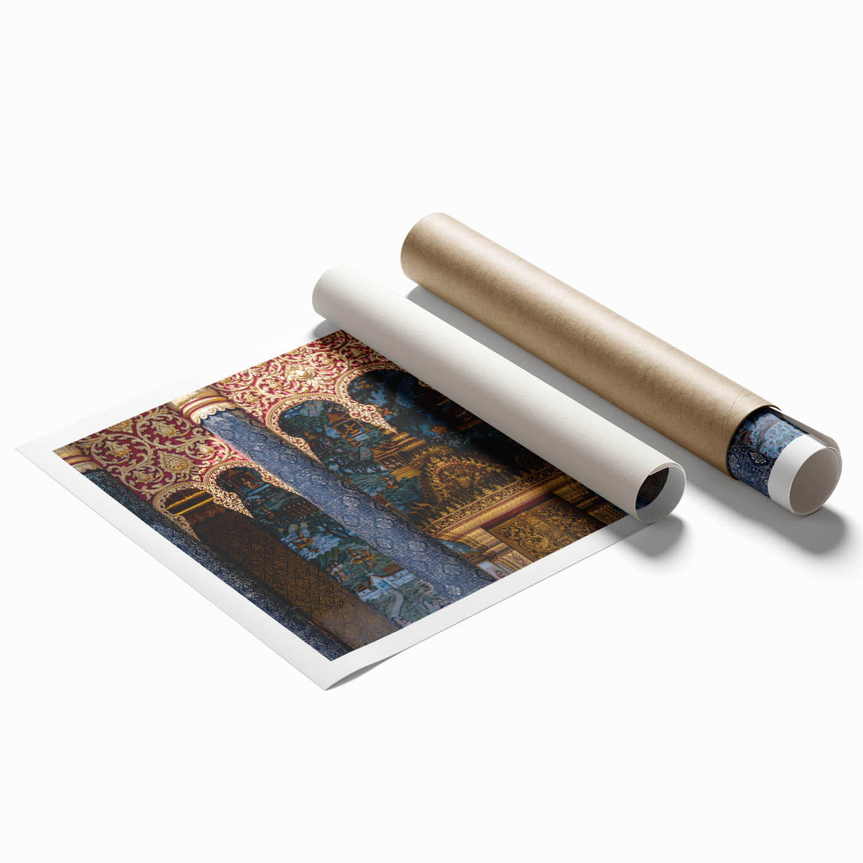 Extra large rolled print depicting a serene Laos scenery in soft pastel shades, ideal for classy bathroom wall art.