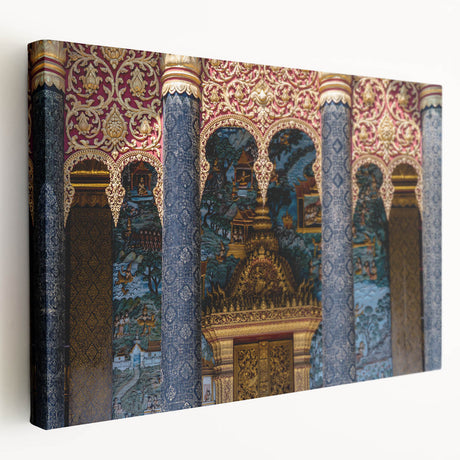Large art depicting a tranquil Laotian landscape on stretched canvas, with lush greens and soft blues.