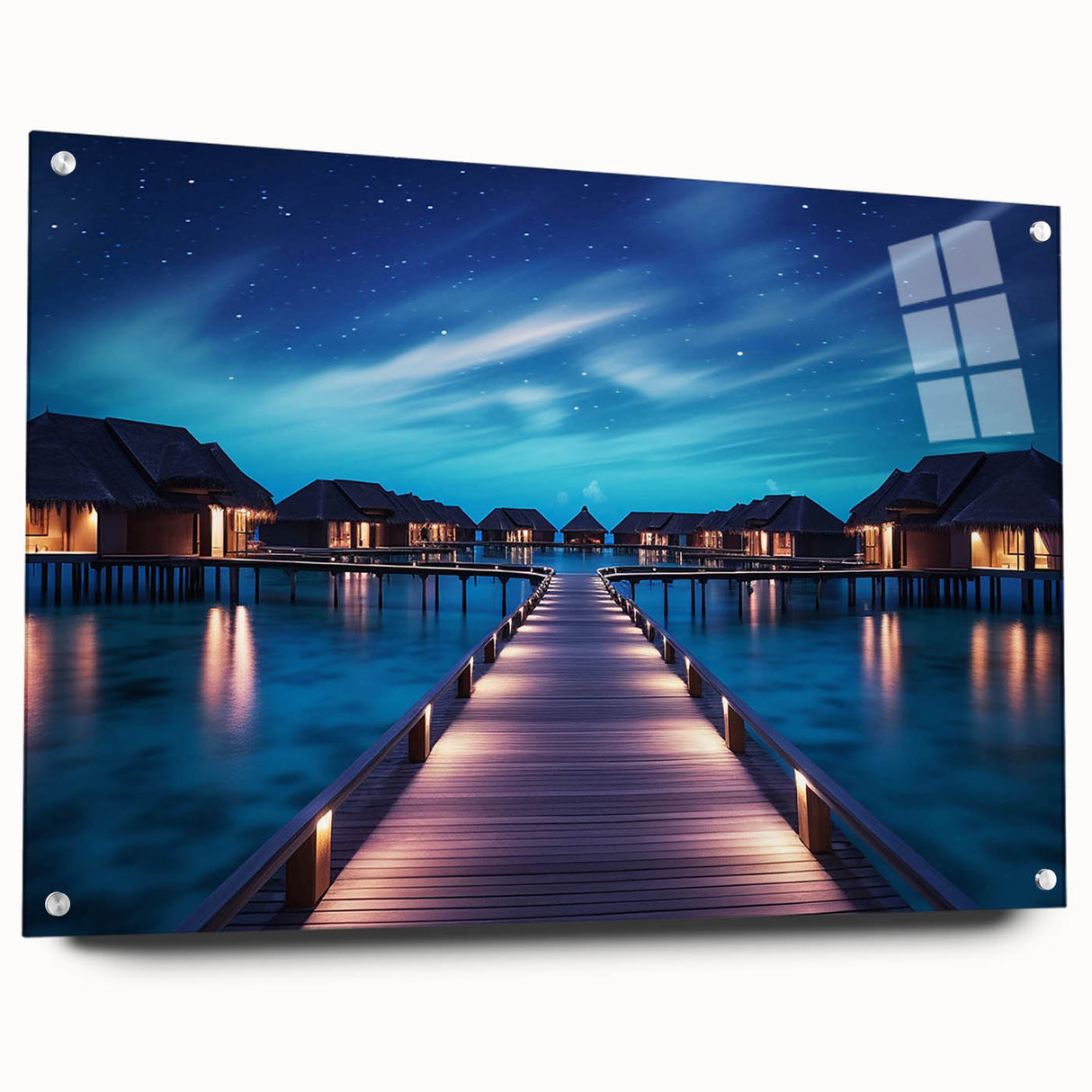 Large abstract wall art depicting a serene Maldivian seascape on acrylic glass, ideal for bedroom or dining room decor.