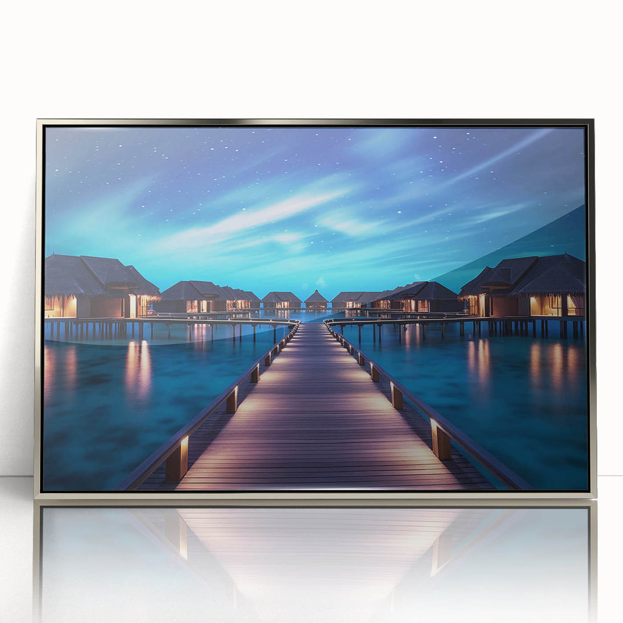 Mid-century modernist art depicting a serene Maldives scenery in cool blue tones, framed in acrylic.