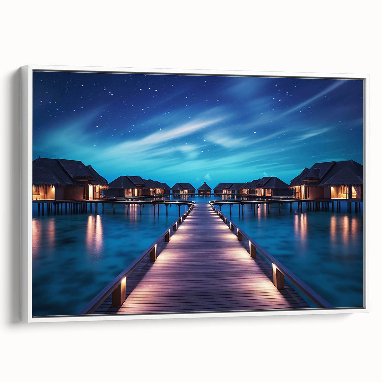 Vintage poster art of a scenic Maldives view on a framed canvas, with vibrant blue and green tones.