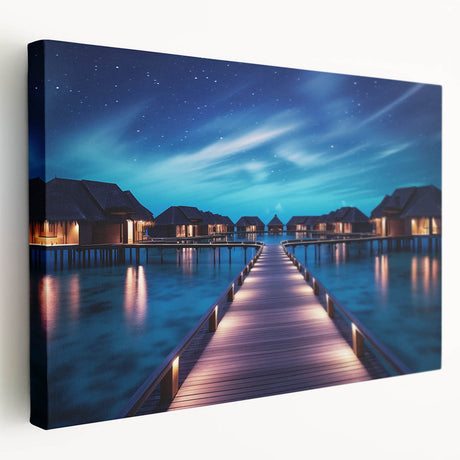 Large canvas print of a serene Maldivian beach scene with soft blue and turquoise hues, ideal for kitchen wall art.