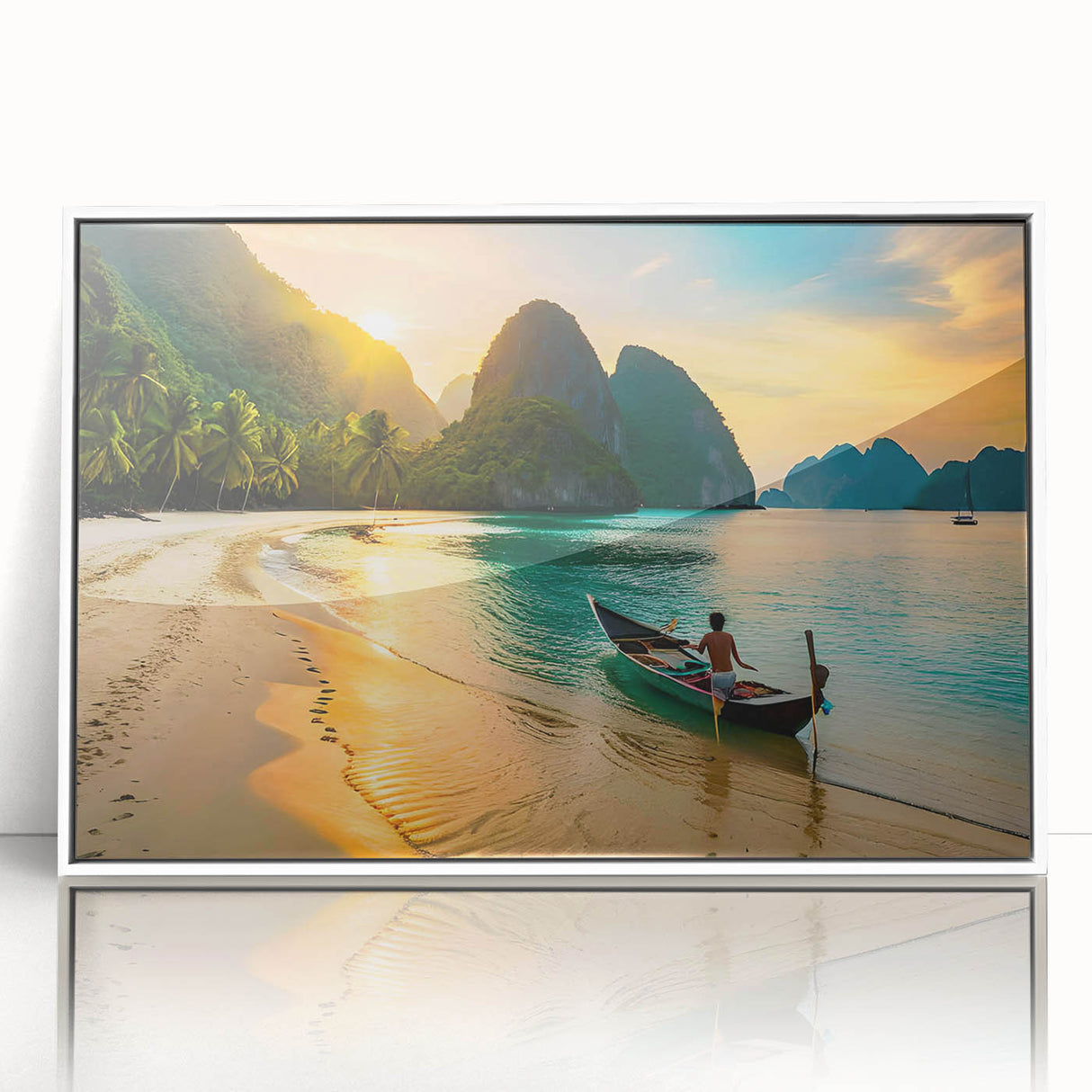 Acrylic print of a serene Philippine landscape in muted greens and blues, framed in white, suitable for modern nursery decor.