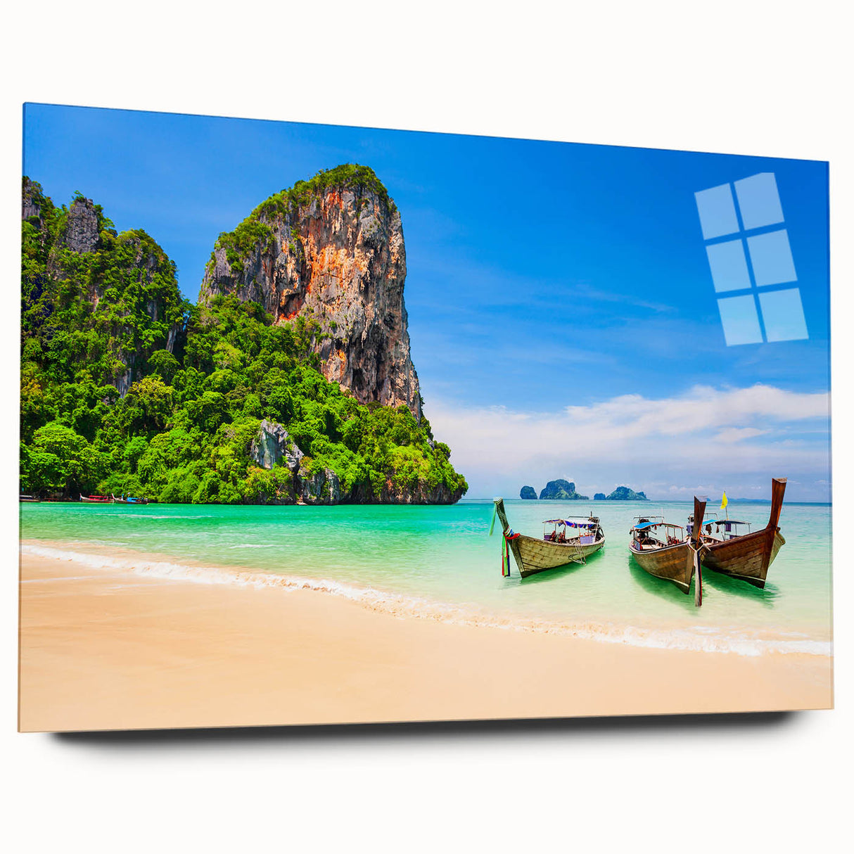Large abstract wall art depicting a serene Thai landscape in muted earth tones on acrylic glass.