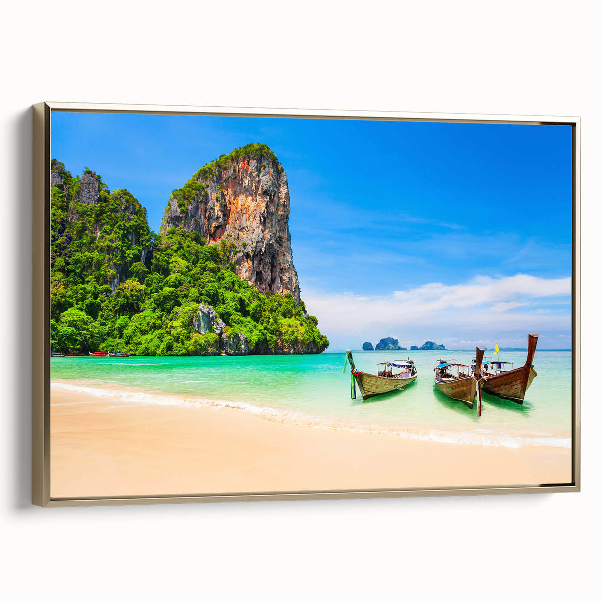 Framed canvas depicting a vintage-style Thai landscape in muted gold and black tones, ideal for bedroom wall decor.