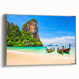 Framed canvas featuring a vintage-style landscape painting of a Thai scenery in vibrant colors, ideal for living room decor.