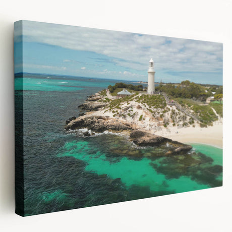 Side view of a stretched canvas featuring a realistic depiction of the Perth, Australia skyline in subdued earth tones.