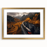 Extra large abstract art print of Yukon scenery in textured style, framed with a gold mat, ideal for living room decor.