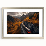 Textured abstract art print of Yukon scenery in muted earth tones, framed in silver, ideal for bedroom art.