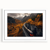 Abstract art print of Yukon scenery in muted earth tones, framed with a white mat, suitable for bedroom or dining room decor.