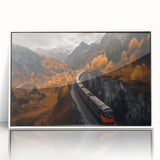 Art deco poster featuring a serene Yukon landscape with muted earth tones on a framed acrylic.