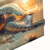 Large abstract wall art depicting a Caribbean scenery in vibrant blues and greens on acrylic glass.