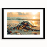 Abstract art print of Caribbean scenery in vibrant blue and green tones on a large textured canvas.