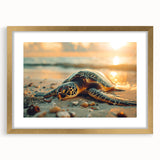 Abstract art print of Caribbean scenery in muted blue and green tones, framed in gold.