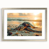 Extra large abstract art print of Caribbean scenery in muted blue and green tones on a textured canvas, framed in silver.