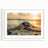 Textured abstract art print depicting a vibrant Caribbean scenery on a framed white mat.