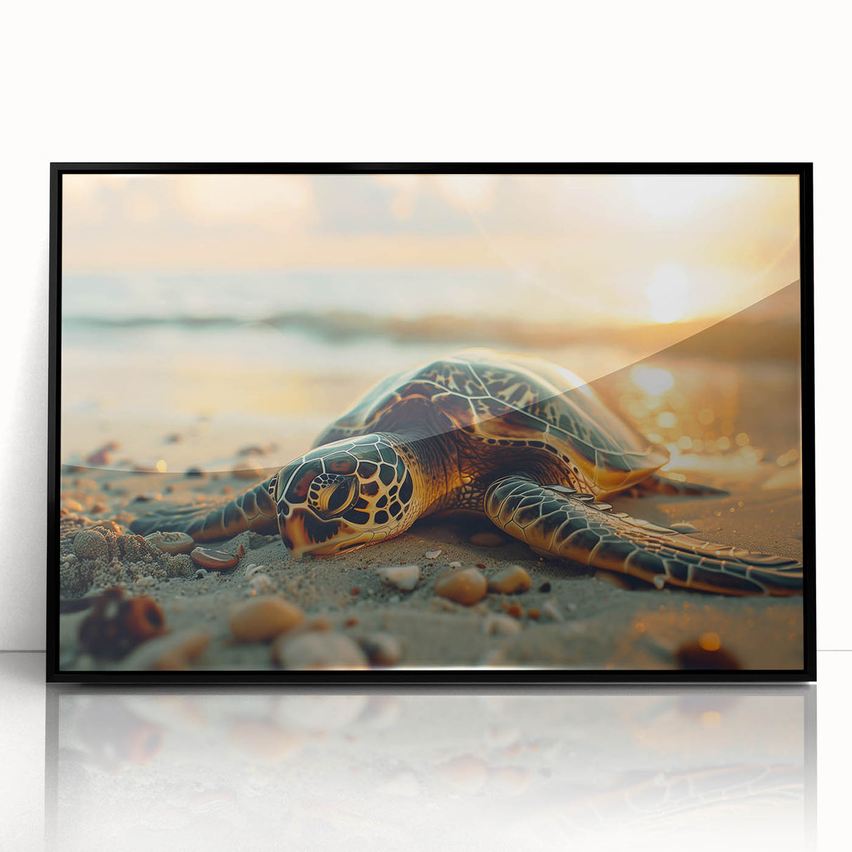 Large abstract wall art featuring abstract Caribbean scenery in vibrant blue and green tones on a black framed acrylic.