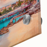 Large abstract wall art featuring a mid-century modernist design of Albania scenery in muted earth tones on acrylic glass.