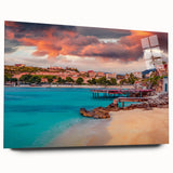 Large abstract wall art of a European scenery in muted earth tones on acrylic glass, ideal for bedroom or dining room decor.