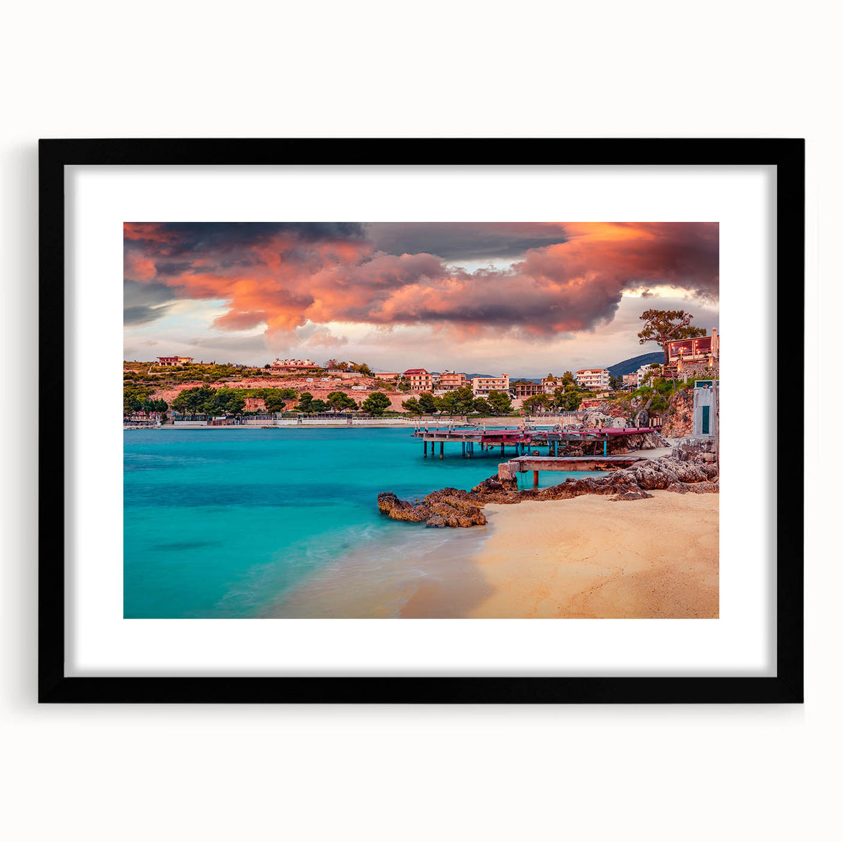 Extra large abstract art print featuring vibrant, colorful textures of a European scenery on a black framed canvas.
