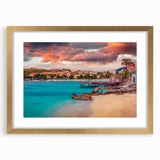 Abstract art print of Albanian scenery in muted earth tones on a gold-framed canvas, ideal for dining room decor.