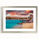 Extra large abstract art print depicting a textured European scenery in muted earth tones, framed in silver.