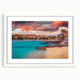 Textured abstract art print of a European scenery in Albania, rendered in soft pastel shades on a white-framed mat.