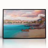 Large abstract wall art depicting a European Albanian scenery in muted earth tones on a framed acrylic.