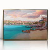 Art deco poster of an Albanian landscape in gold and blue tones on framed acrylic, ideal for modern art wall decor.
