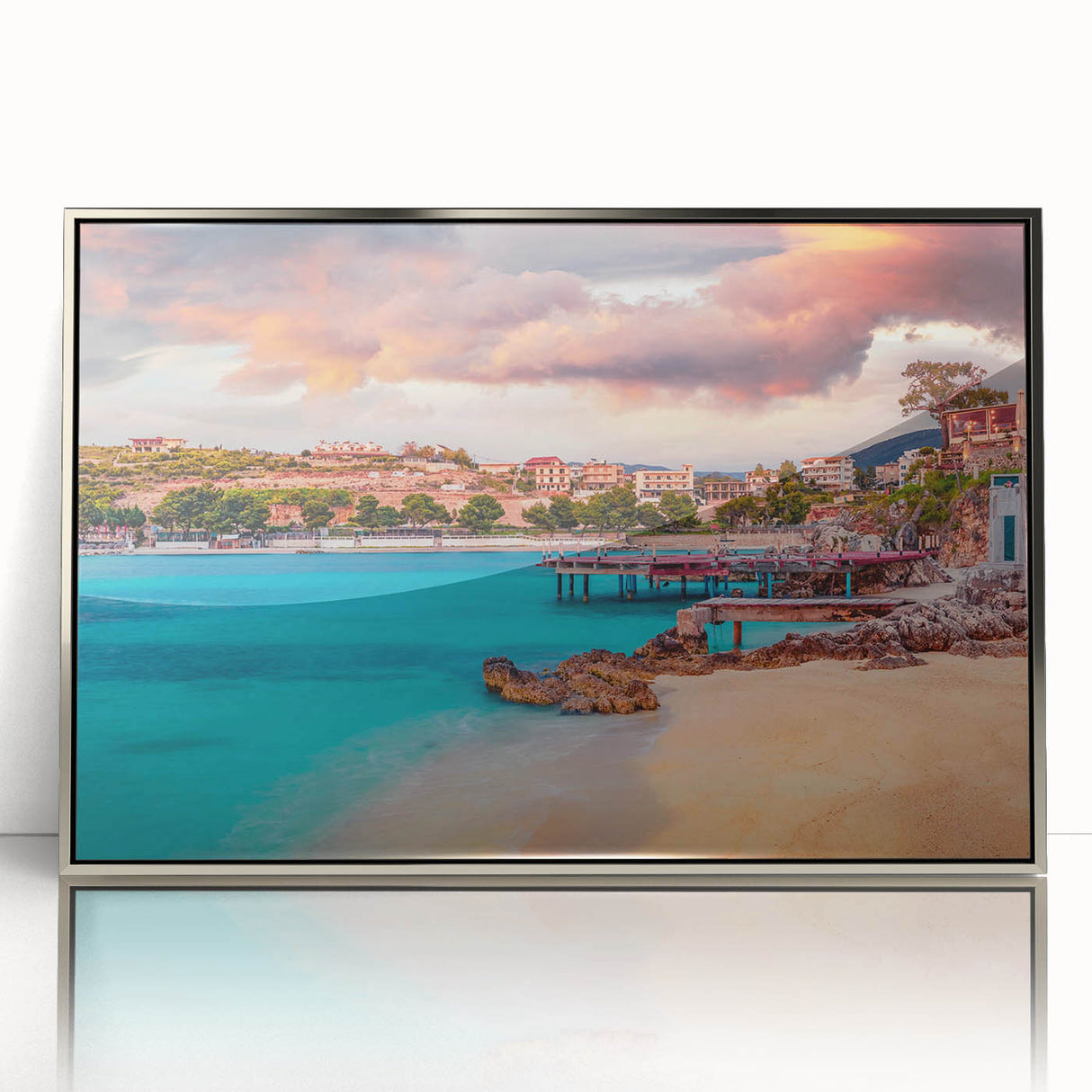 Large art print of a European Albanian scenery in mid-century modernist style, framed in silver acrylic.