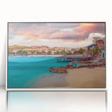 Mid-century modernist art depicting a scenic European landscape in Albania, framed in white acrylic.