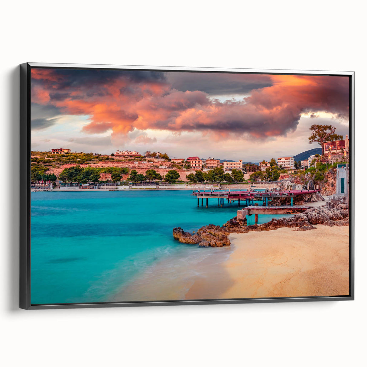 Black and white vintage poster art of an Albanian landscape on framed canvas, ideal for bedroom wall decor.