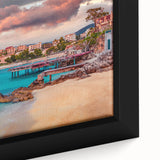 Framed canvas of a textured, colorful European Albanian scenery in black, ideal for living room decor.