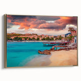 Framed canvas featuring a vintage-style landscape painting of an Albanian scenery in muted earth tones.