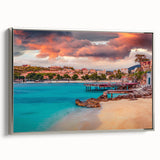 Framed canvas of a vintage-style Albanian landscape painting with vibrant colors on a black background.