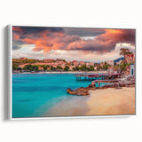 Vintage poster art of an Albanian landscape on framed canvas, featuring vibrant colors, ideal for living room decor.