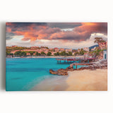 Black and white photograph of a European cityscape on stretched canvas, ideal for kitchen wall art.