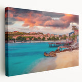 Large canvas print depicting a serene Albanian landscape in soft green and blue tones, suitable for kitchen wall art.