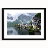 Extra large abstract art print of a colorful, textured Austrian landscape, framed in black, ideal for living room decor.