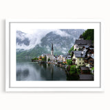 Textured abstract art print depicting a European landscape in muted earth tones, framed in white, ideal for bedroom decor.